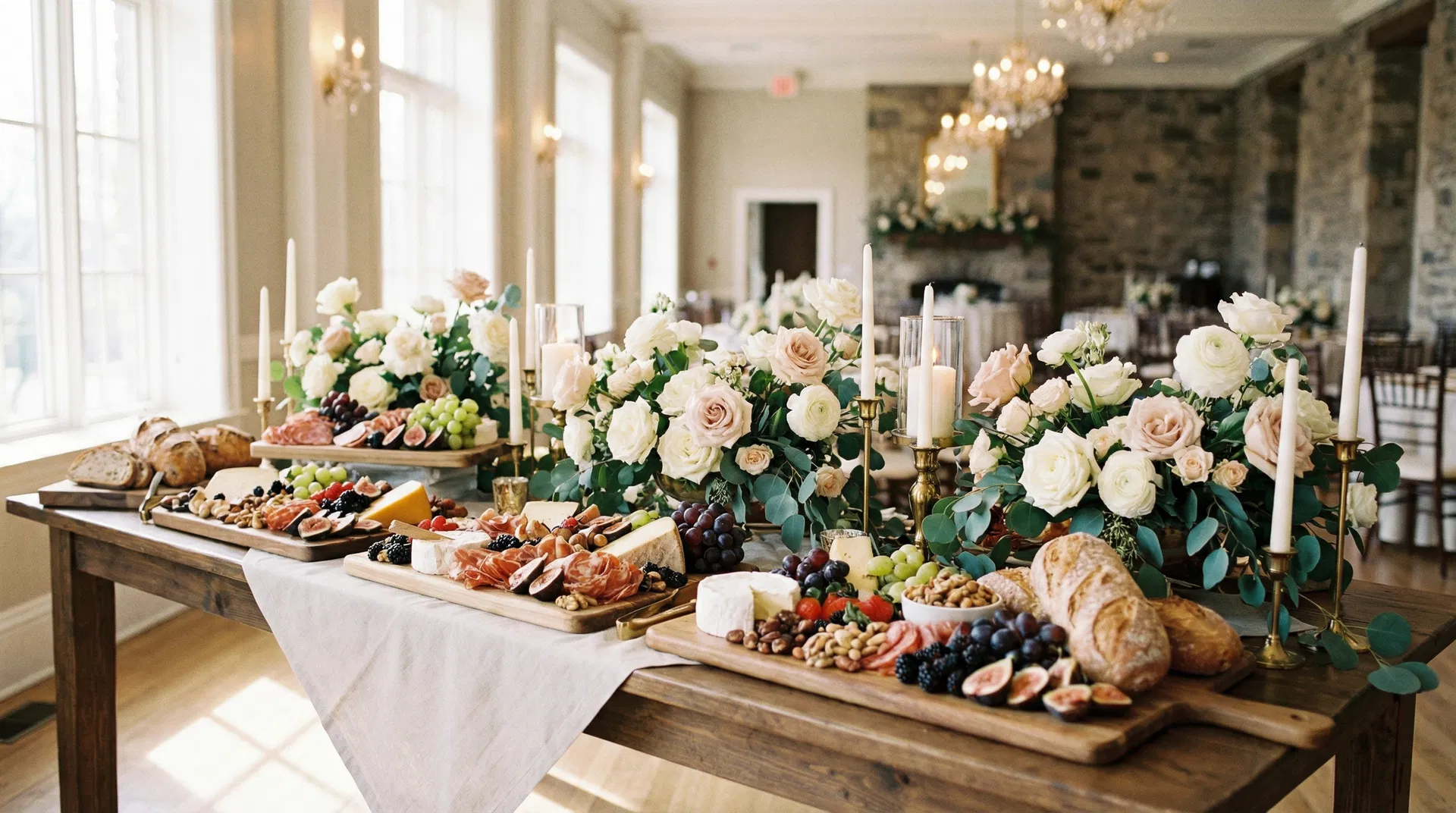 Luxury wedding grazing table with floral accents, artisan cheeses, and cured meats — Mesa, AZ